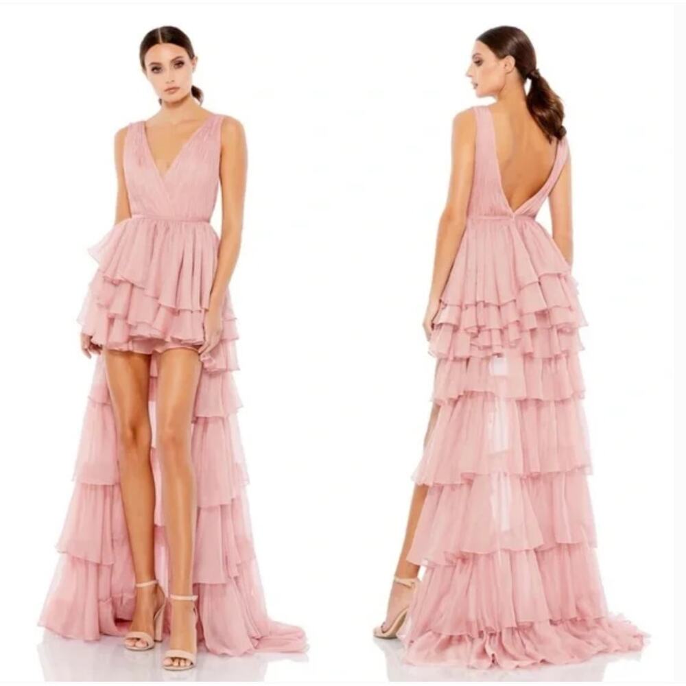 Mac Duggal High-Low Tiered Gown in Rose Pink style 55320 Size 6 FLAWED